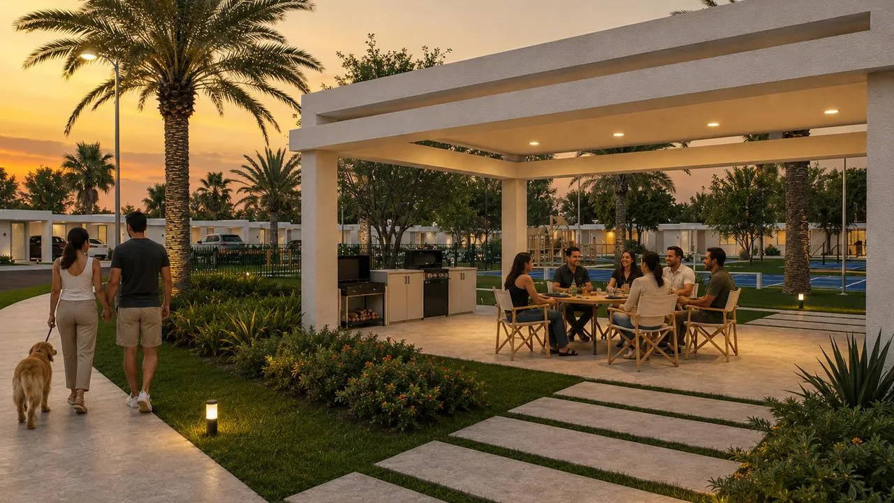 Gazebo y área recreativa, con cancha de pickleball y área de juegos infantiles de fondo — Alturas de San Agustín
