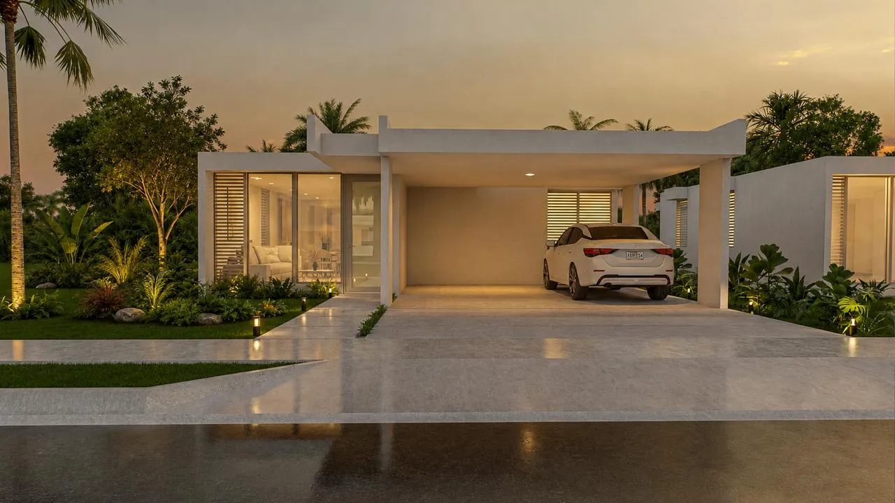 Fachada de la casa modelo — entrada principal, garaje y paisajismo — Alturas de San Agustín