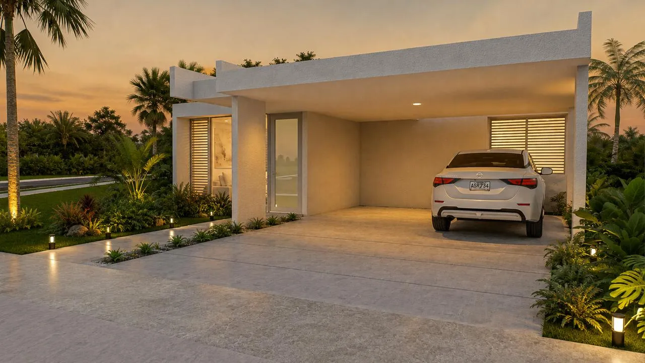Fachada de la casa modelo, carport — Alturas de San Agustín